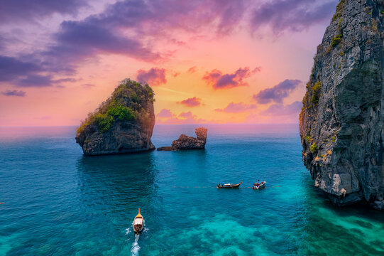 Aerial view of Nui beach in koh Phi Phi Don island, in Krabi, Thailand, sunset light