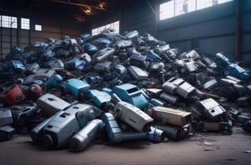 a pile of old broken robots lies in a warehouse for recycling