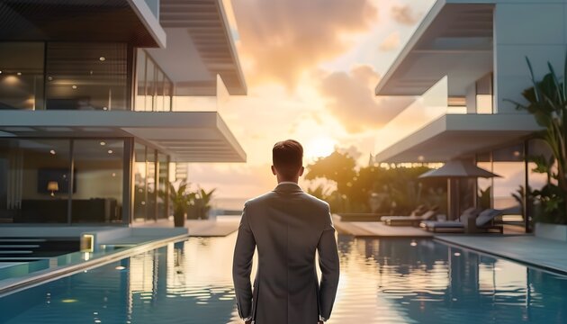 man standing in front of pool at a mansion rich wealthy 