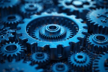 Close-up image of dark blue gears interlocked, symbolizing mechanics and machinery concepts