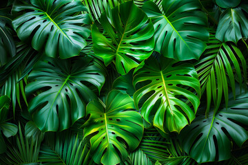 Bright green tropical palm leafs background. Natural summer exotic plant wallpaper
