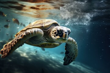Fototapeta premium Turtle underwater swim. Water marine. Generate Ai
