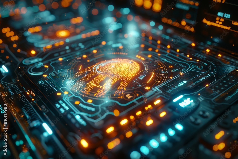 Poster high-tech circuit board with an illuminated digital interface suggesting advanced technology and com