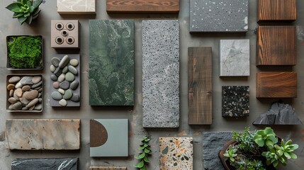 A top-view moodboard displaying samples of green, stone, and wood materials.