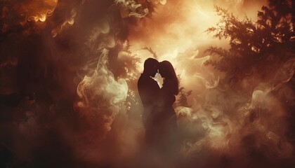 silhouette of couple in a loving embrace sepia clouds romance true love