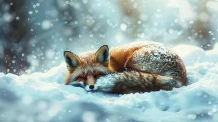 A beautiful fox is curled up in a thick snowy setting resting peacefully - Powered by Adobe