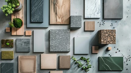 A top-view moodboard displaying samples of green, stone, and wood materials.