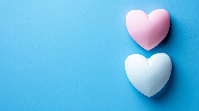   Two heart-shaped objects, one white and the other pink, float against a tranquil blue backdrop ..Feel free to add your personal text or image here
