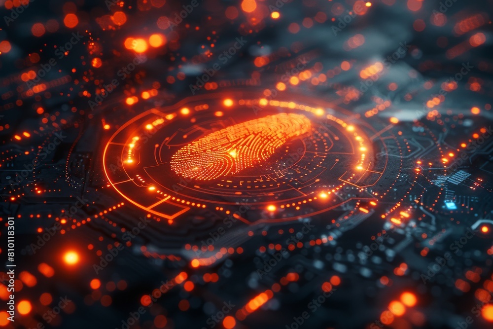 Poster a glowing red fingerprint appears on a high-tech digital security interface with futuristic elements