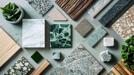 A top-view moodboard displaying samples of green, stone, and wood materials.