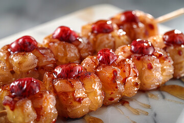 Tanghulu fruit. Candied caramelized fruits on stick with sweet and sour sauce. Famous Chinese snack