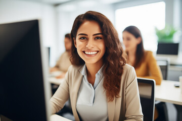 Obraz premium Portrait of Enthusiastic Hispanic Young Woman Working on Computer in a Modern Bright Office. Confident Human Resources Agent Smiling Happily While Collaborating Online with Colleagues 