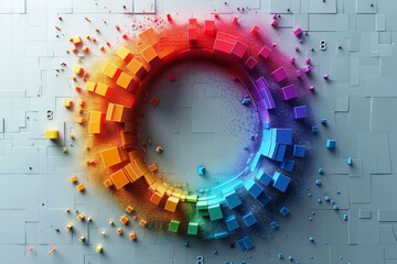 A high-tech conceptualization featuring circular data blocks erupting in a colorful array, symbolizing information processing or digital creativity