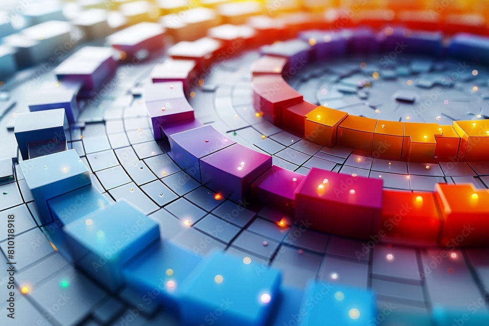 Poster artistic digital creation of 3d blocks arranged in a circular pattern with a gradient from blues to 