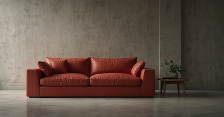 High-detail Red modular corner sofa against blank stucco wall with copy space