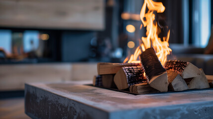 Stylish Indoor Fireplace with Burning Wood. An inviting scene showcasing a stylish indoor fireplace, burning wood logs crisply captured with a modern home backdrop.