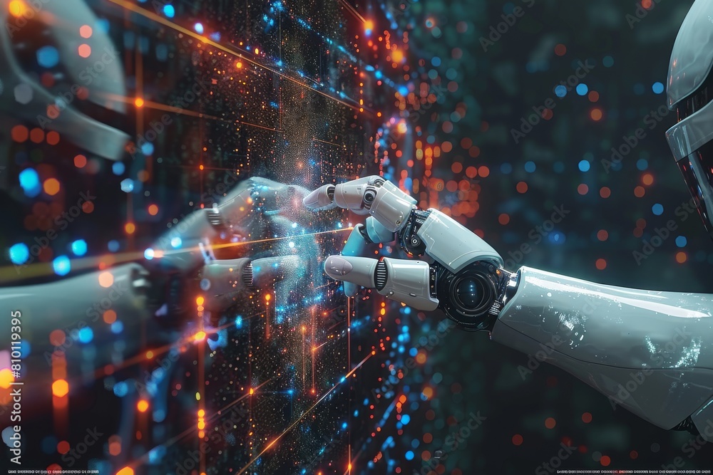 Poster a futuristic depiction of a robot hand extending into a sparkling digital space, symbolizing connect