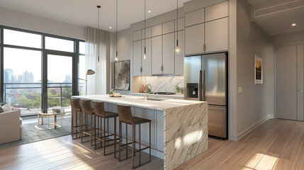 Sleek Urban Kitchen with Marble Island and City Views

