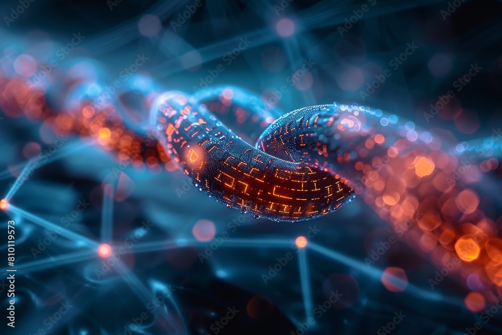 Poster a conceptual 3d illustration showing a chain with glowing digital patterns, symbolizing connectivity