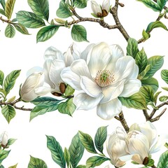 Hand-painted watercolor and ink illustration of a seamless pattern with white magnolia flowers, buds, and green leaves on a white background.