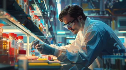 scientist examining a drug sample in a brightly lit drug manufacturing facility, showcasing modern technology.