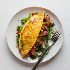 omelette stuffed with vegetables and bacon on white plate isolated on white background, top view