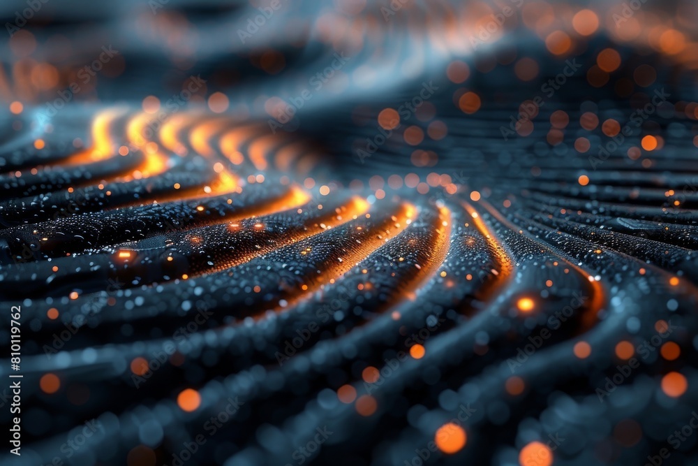 Poster a digital representation of connectivity or data flow, featuring undulating orange waves pattern wit