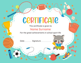 Fun sports certificate design template featuring kawaii cartoon character and vibrant sport icons. Perfect for celebrating young achievers athletic success in elementary school. Vector flat graphics.