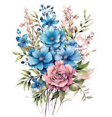 Bouquet of Blue and Pink Flowers on White Background