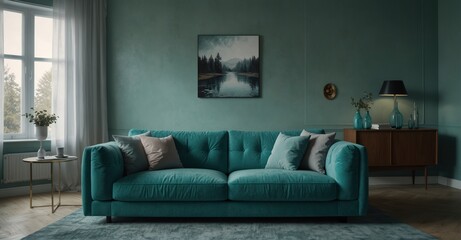 High-detail Turquoise sofa in spacious room, Scandinavian interior design