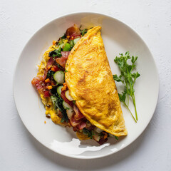 omelette stuffed with vegetables and bacon on white plate isolated on white background, top view