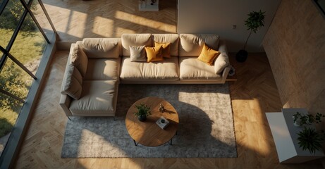 High-res Cozy living room with sectional sofa and modern furniture seen from top view, bathed in natural light