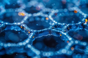 This image features a complex network of molecular structures in various shades of blue, suggesting themes like science and technology