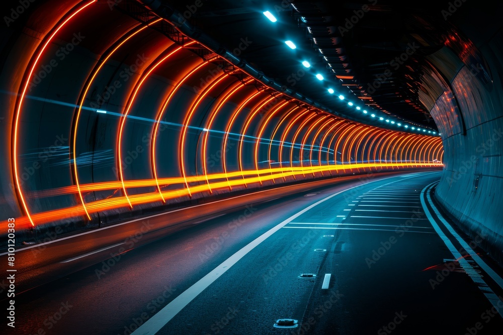 Wall mural enigmatic image of a modern tunnel illuminated with glowing red lights and guiding road lines into t