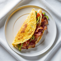 omelette stuffed with vegetables and bacon on white plate isolated on white background, top view