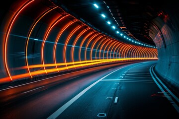 Enigmatic image of a modern tunnel illuminated with glowing red lights and guiding road lines into the unknown