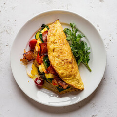 omelette stuffed with vegetables and bacon on white plate isolated on white background, top view