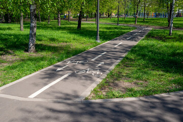 Direct cycleway with pictograms and directional signs in summer park
