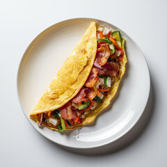 omelette stuffed with vegetables and bacon on white plate isolated on white background, top view
