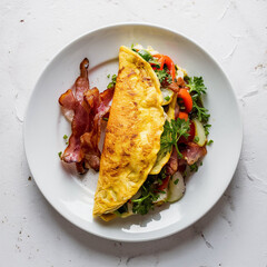 omelette stuffed with vegetables and bacon on white plate isolated on white background, top view