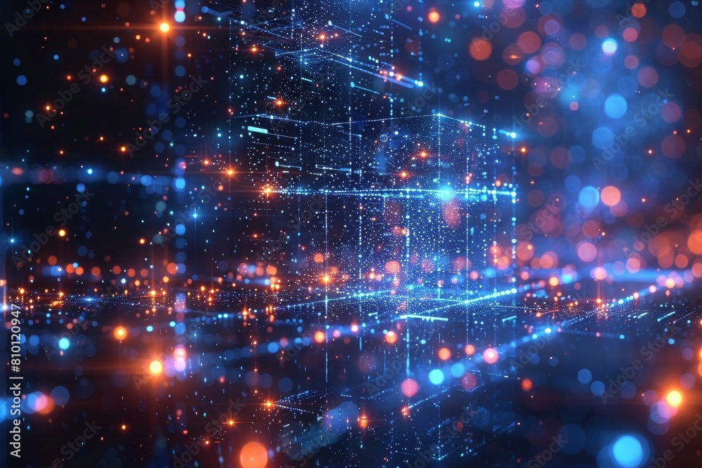 Poster intricate network of glowing lines, dots, and particles creating a sense of advanced technology and 