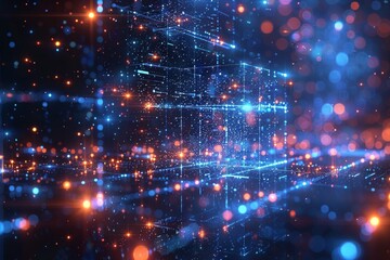 Intricate network of glowing lines, dots, and particles creating a sense of advanced technology and data flow in a cyberspace environment