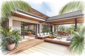 Fototapeta premium Modern, sleek home in Far North Queensland with lush tropical garden. Open spaces, clean lines, natural light, and sustainable design.