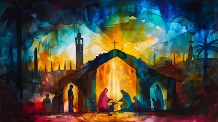 Colorful abstract watercolor adding movement to the Nativity scene