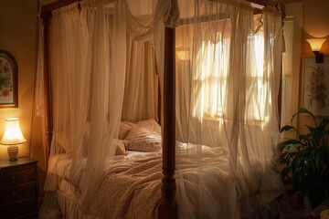 Cozy bedroom interior with four-poster bed and sheer curtains in warm light. A calming bedroom with a canopy bed, sheer curtains billowing in the breeze, and soft, ambient lighting.