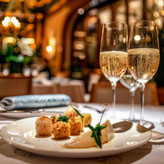 Chic restaurant table with champagne and gourmet dish