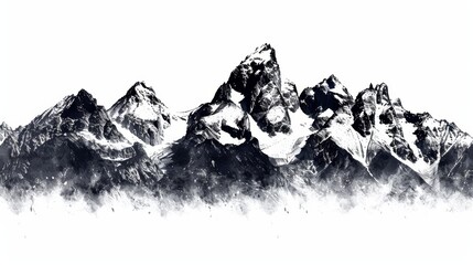   A monochrome image of mountain peaks, cloaked in snow, with clouds scattered in the sky