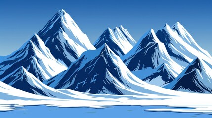   A snow-covered mountain range with a blue sky behind and a body of water in the foreground