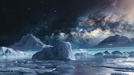 The Milky Way rising above a frozen sea on a remote world, icebergs glowing under the cosmic light, creating a scene of peaceful solitude - Powered by Adobe