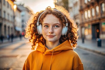 Fototapeta premium Music lover. A young beautiful curly-haired woman listens to music with headphones on the evening street of the city at sunset. Peace, harmony, relaxation and relaxation.